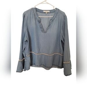 Fourteenth place v neck striped bell Denim Looking sleeve  XXL top blue white